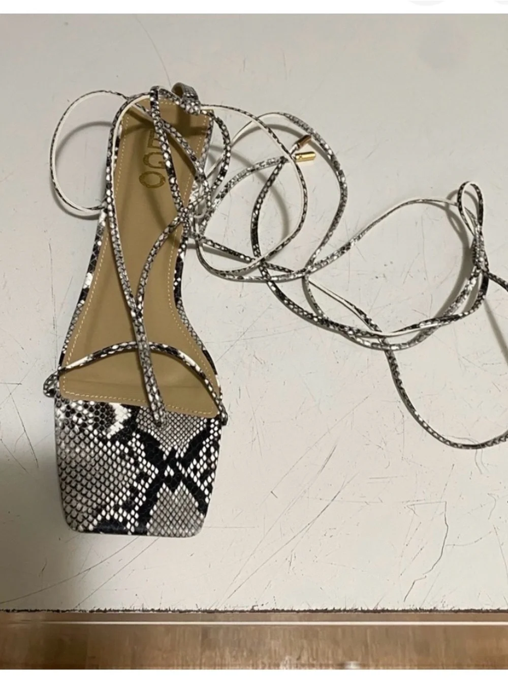 Snake-Print Lace-Up Sandal in Black & White